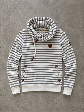 Wanakome Striped Cowl Neck Hoodie Woman Small Pullover Cream Grey Cotton Blend